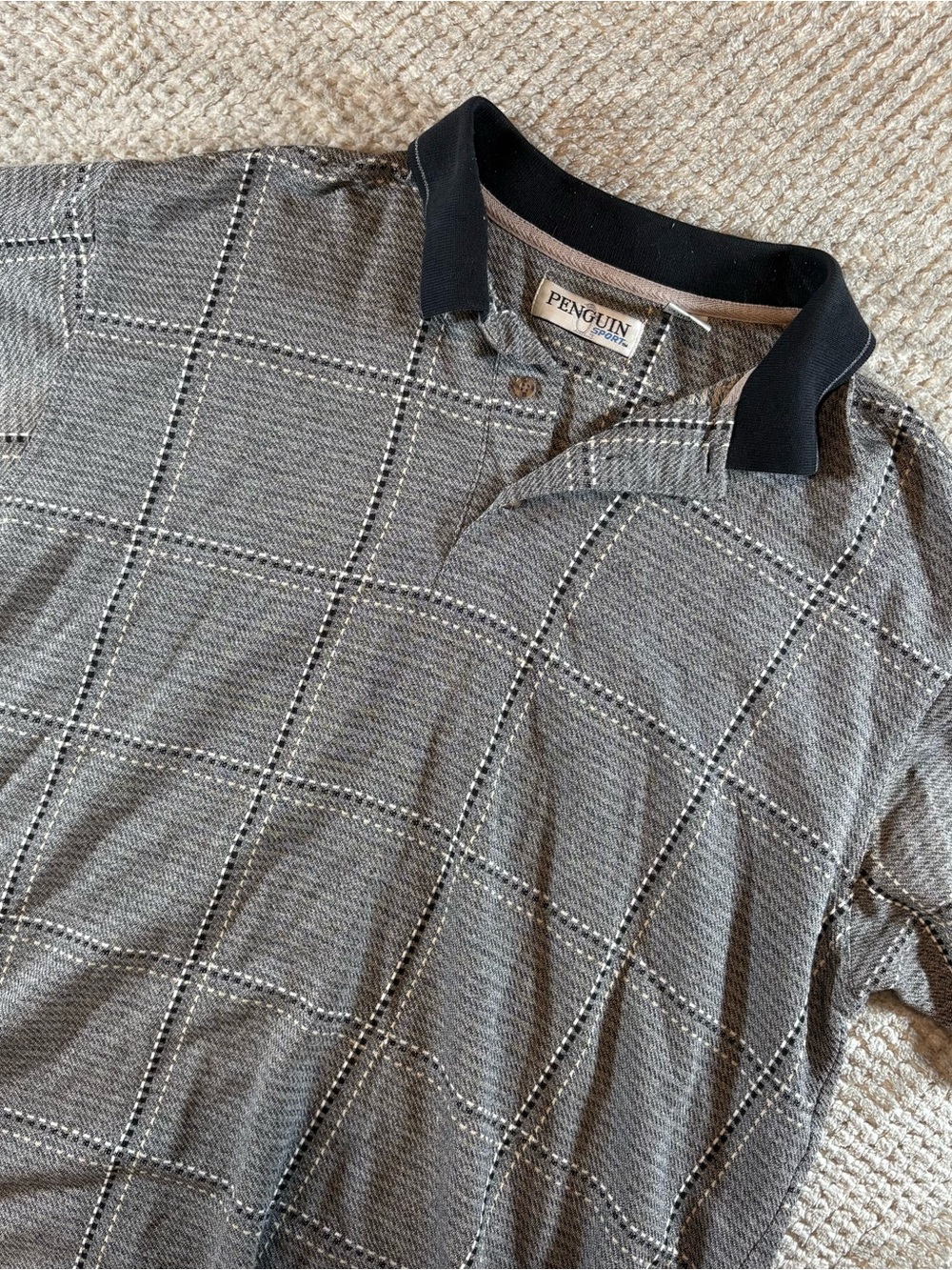 Original Penguin Sport Men’s L Golf Polo Gray Windowpane Polo with Black Collar